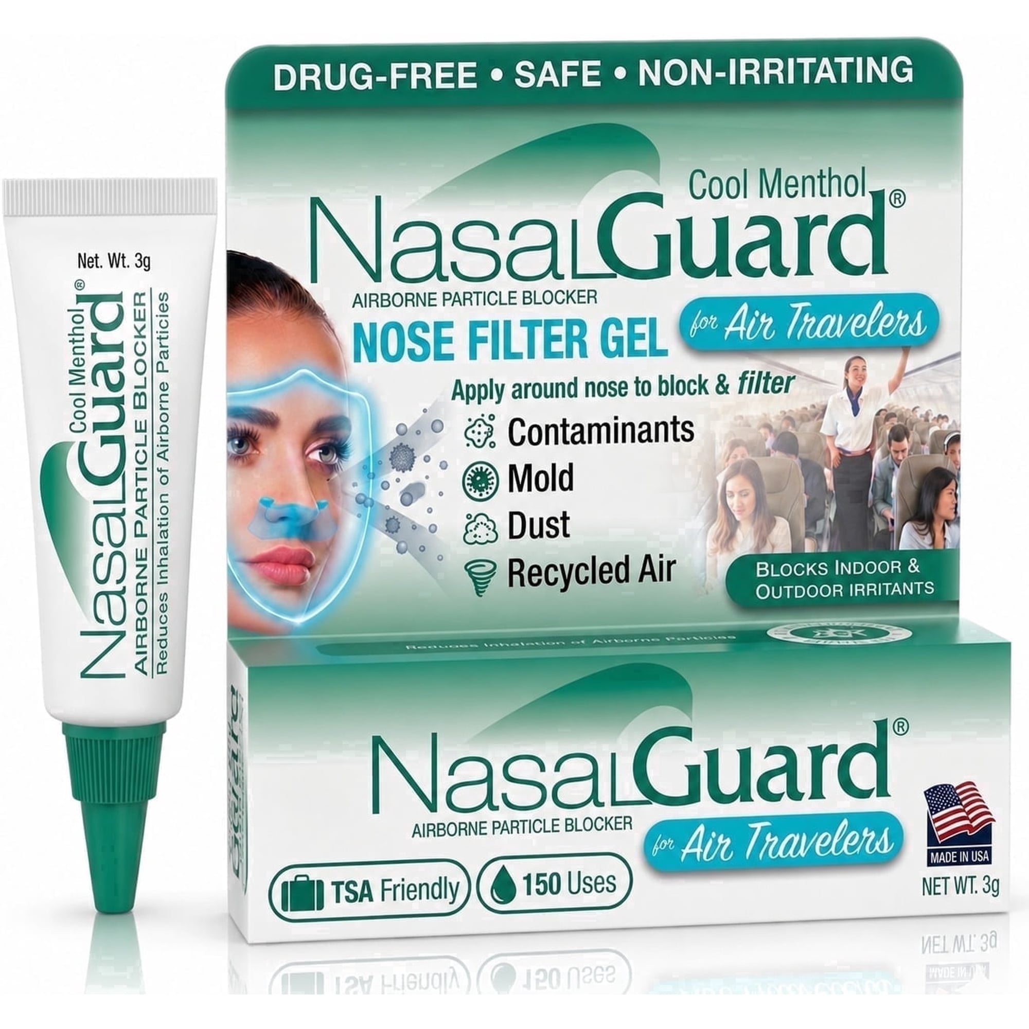 NasalGuard for Air Travelers | Helps Block Dust, Mold & Airborne Contaminants | Drug-Free, Applied Around Nose | TSA Friendly | 150+ Uses (Cool Menthol, 3g)