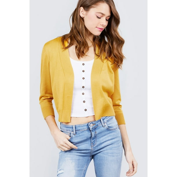 AB Women's Cropped Cardigan 3/4 Sleeve Open Front Knit Basic Sweater