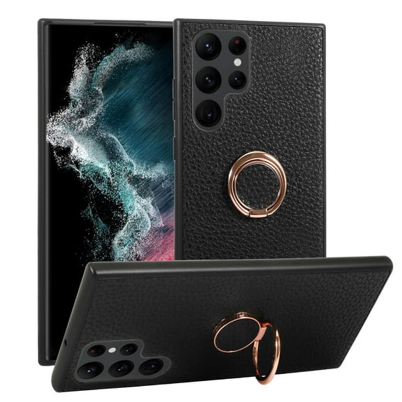 Case for Samsung Galaxy S22 Ultra 5G Phone 6.8" Case 2022 with 360° Rotating Metal Bracket Ring Holder Kickstand [Support Magnetic Car Mount] Stand PU Leather Silicone Bumper Cover, Black