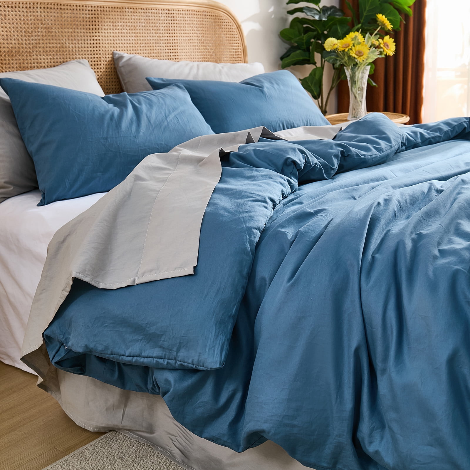 100% Washed Cotton Duvet Cover –Dark Blue, Linen-Like Texture, Super Soft & Breathable Bedding Set, 3-Piece Durable Percale Comforter Cover