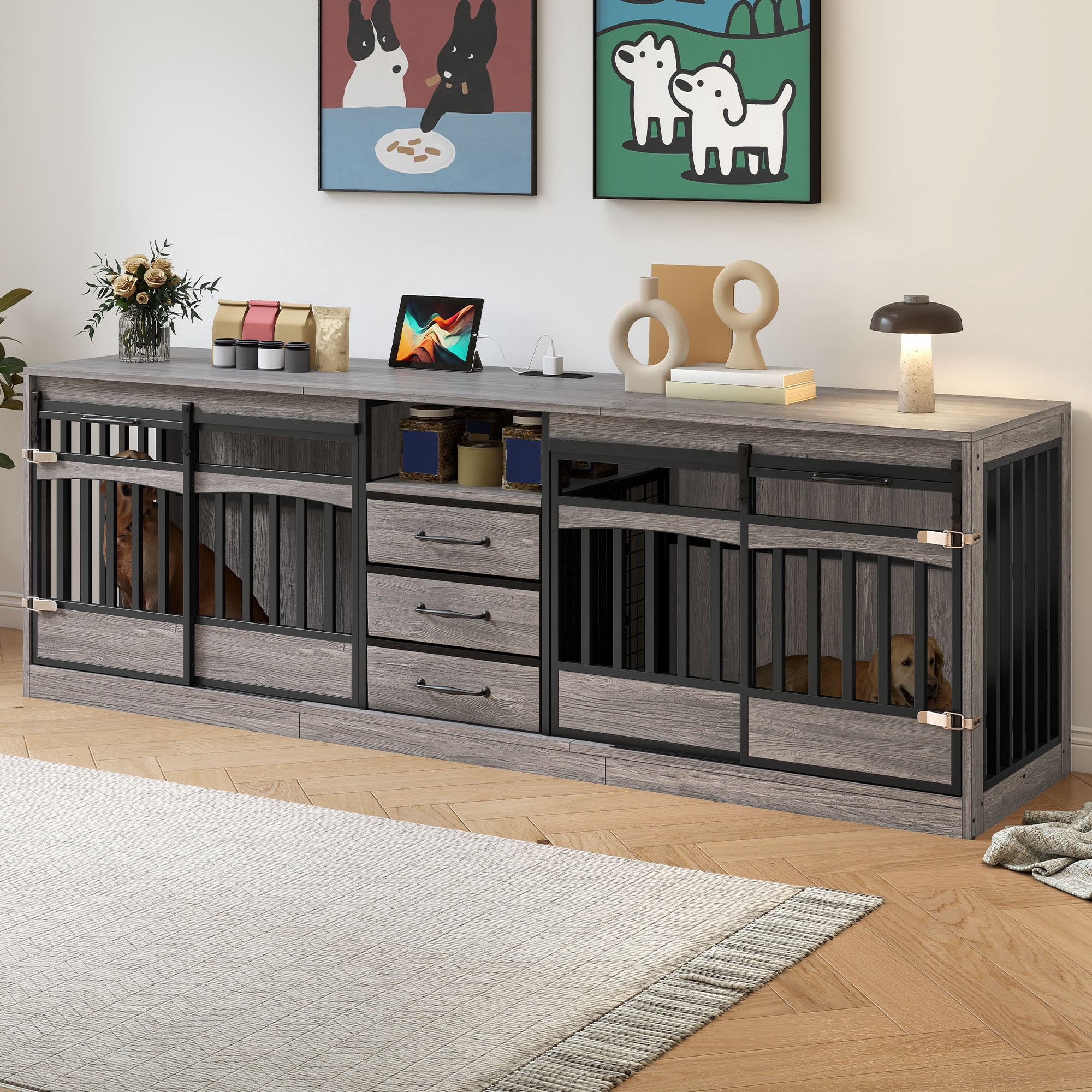 Homiflex 86" Large Double Dog Crate Furniture with 3 Storage Drawers & 1 Shelf Farmhouse Dog Kennel TV Stand Indoor for 2 Large Medium Dogs Decorative Dog Cage with Sliding Door Power Outlets Grey