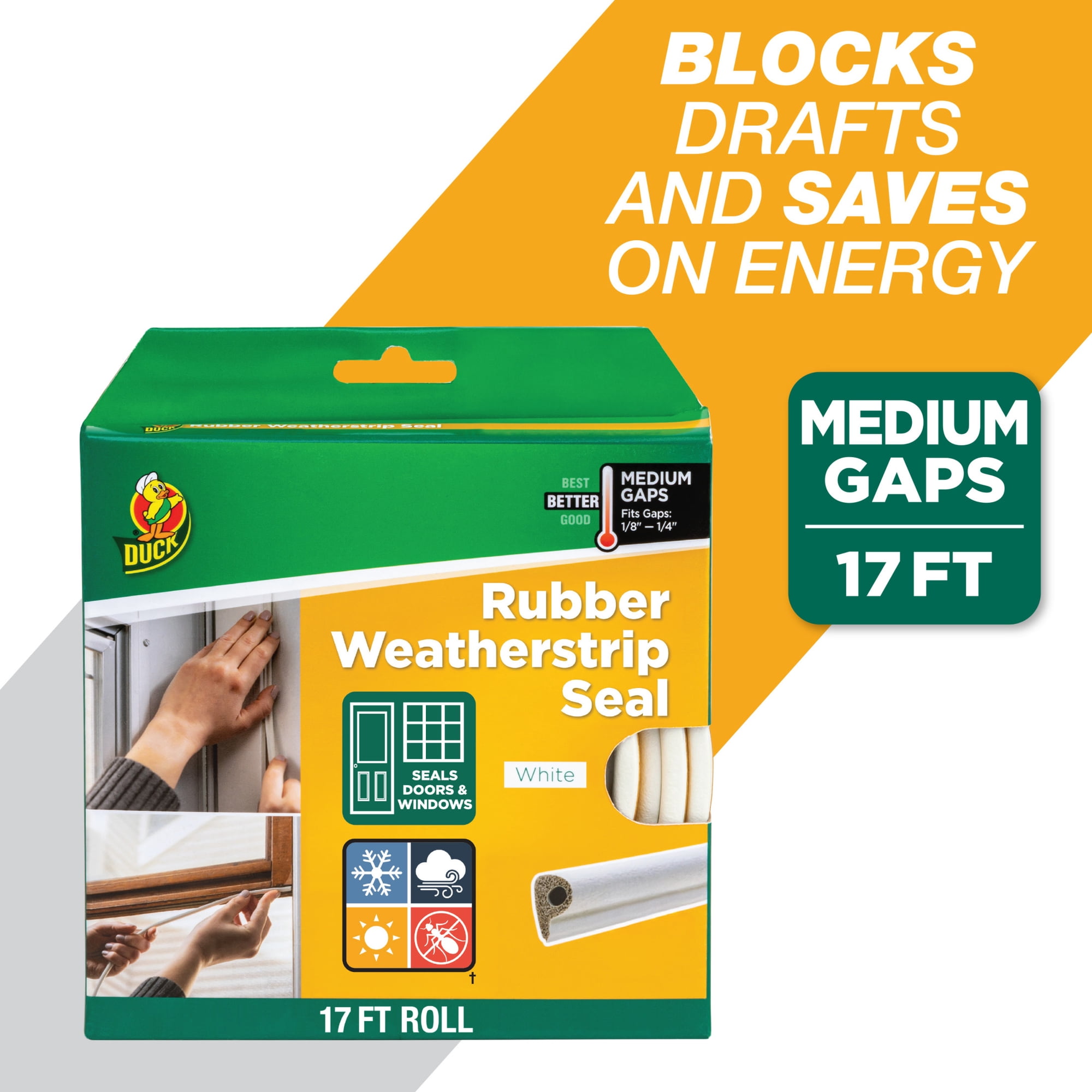 Duck Brand, 0.38 Inch X 0.25 Inch X 17 Feet White Heavy-Duty Medium Gap Rubber Seal, Self-Adhesive