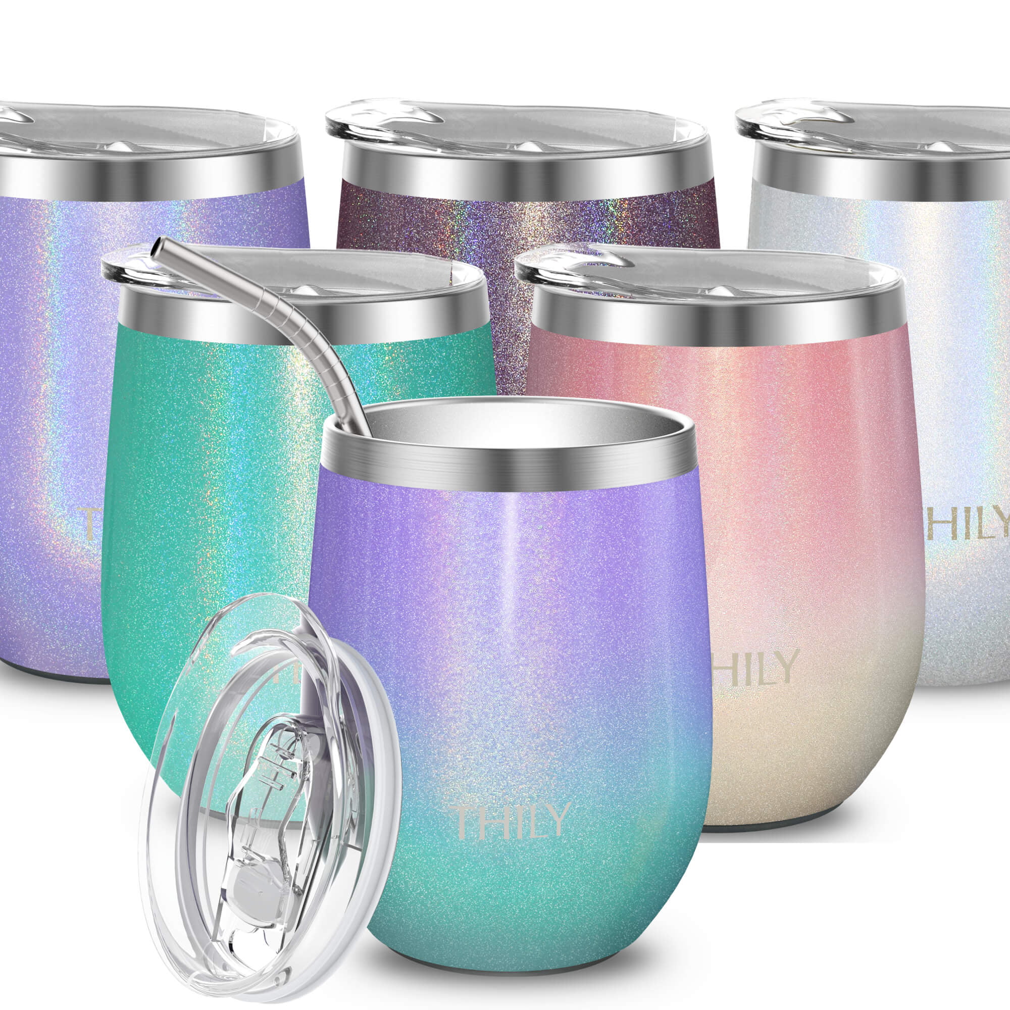 Champagne 6 Pack Stemless Wine Tumbler Blingco Insulated 12 Oz Stainless Steel Wine Glass with Lids & Straws Unbreakable Double Wall Vacuum Cup Insulated Mug for Wine Coffee Cocktails Green Blue