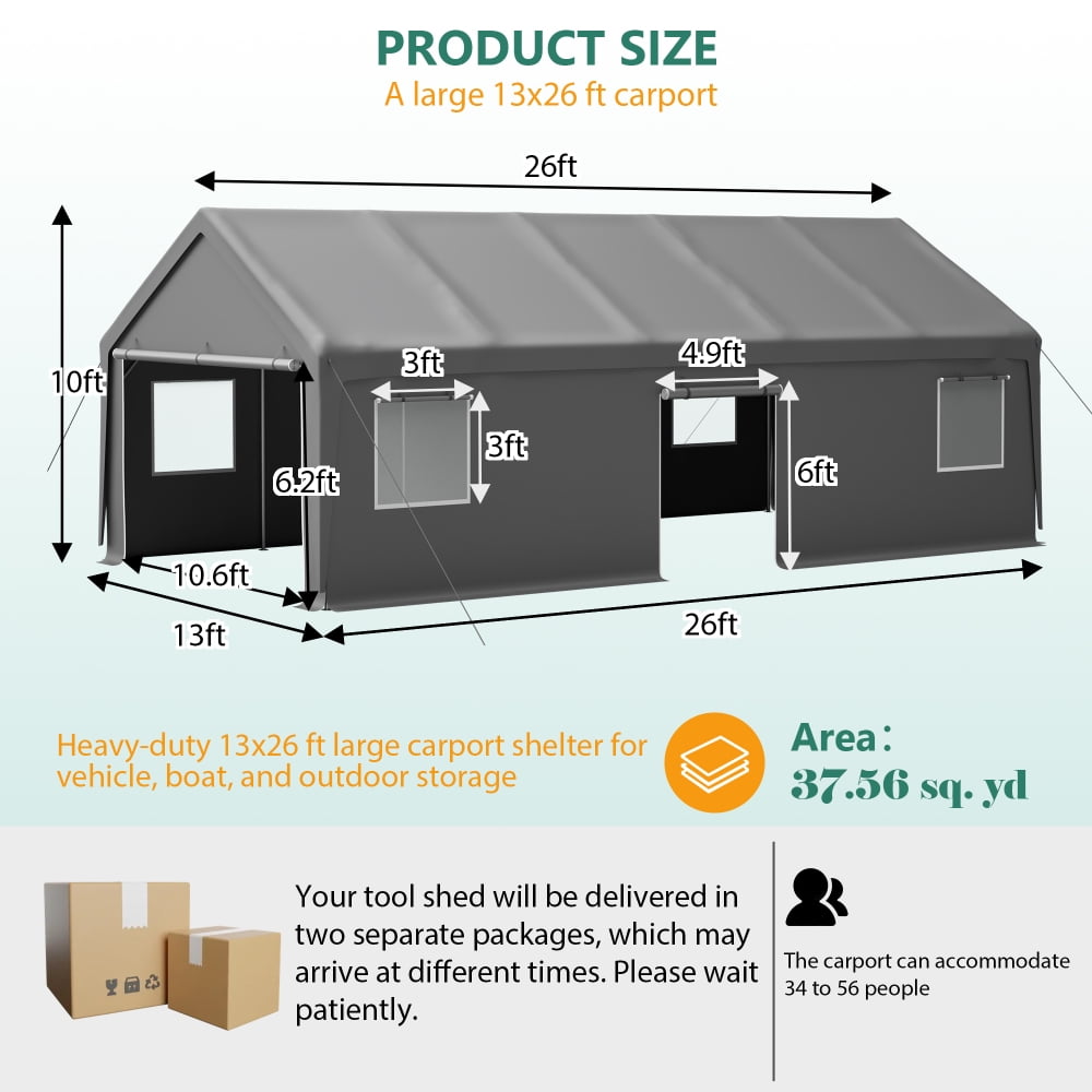 Heavy Duty Carport Canopy with 2 Roll-Up Doors + 1 Side Door, Removable End Walls & Windows, All-Weather Portable Garage Shelter for Car, Truck, Boat, Vehicle