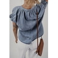 thumbnail image 2 of Women's Dusk Blue V Neck Ruffled Short Puff Sleeve Denim Top - Stylish Casual Wear - [ZhiHiMeRi] | (US 12-14)L, 2 of 12