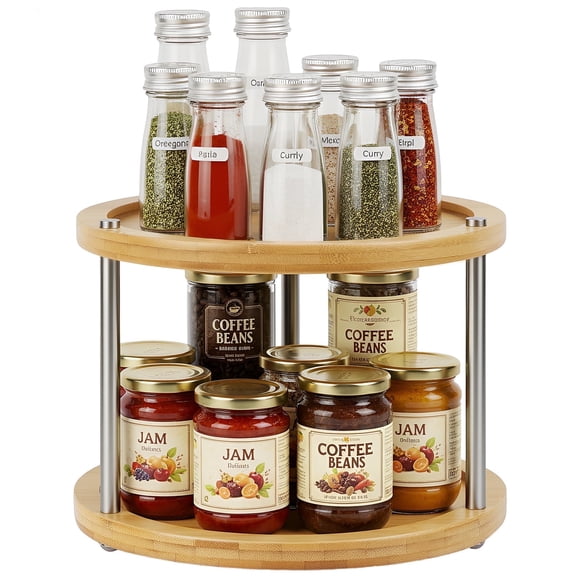 2 Tier Lazy Susan Turntable Organizer,Revolving Spice Rack with Stainless Steel Rods,10 Inch Rotating Organizer for Kitchen Cabinets, Countertops & Pantry