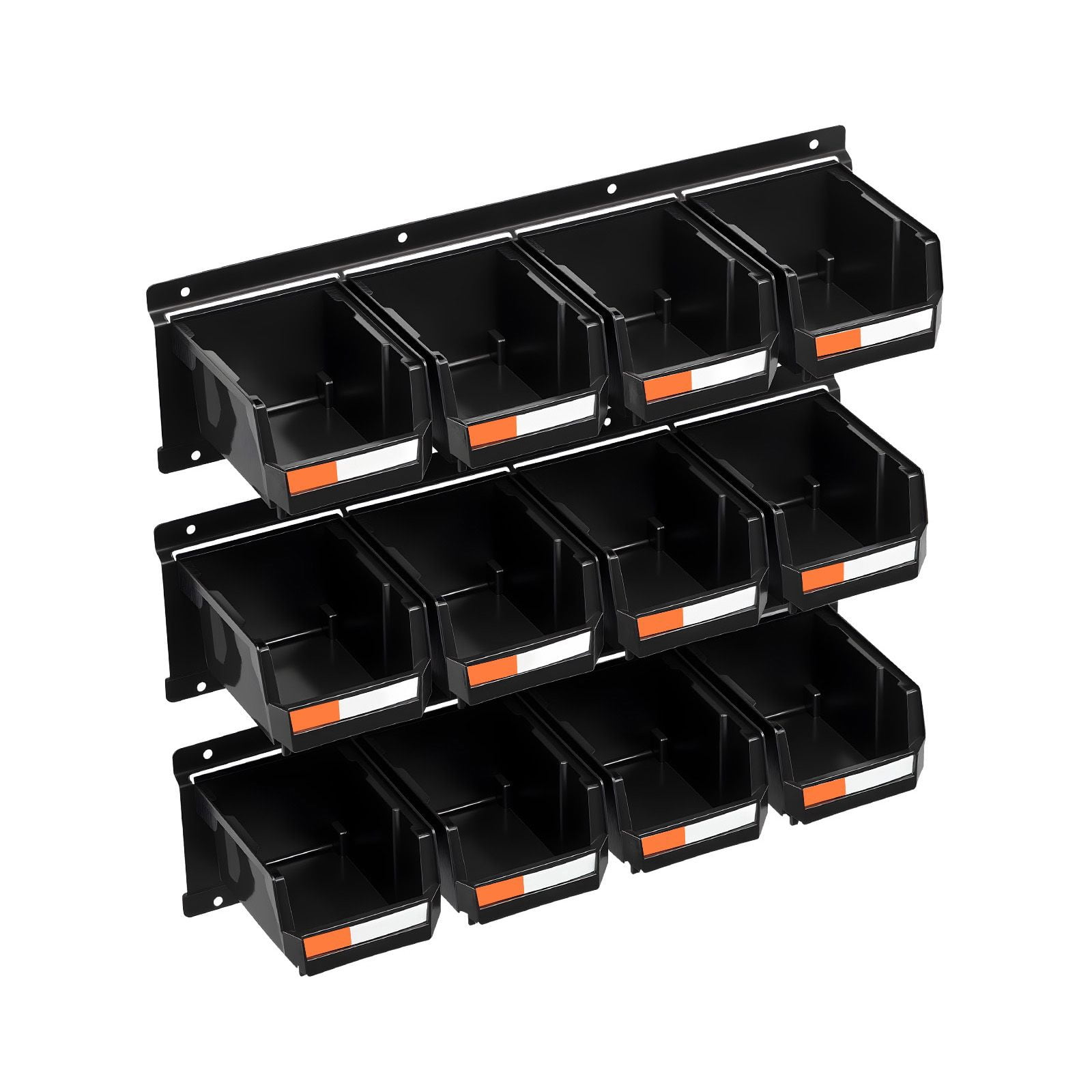 Wall Mounted Storage Bins 12-Pack with 3 Metal Rails for Garage Workshop Craft Room Black