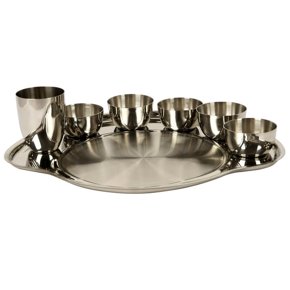 Trifri Indian TraditionalThaliStainless Steel DinnerSetOfThaliPlate, Bowls, Glass Handcrafted Dinnerware Pack Of7Pcs