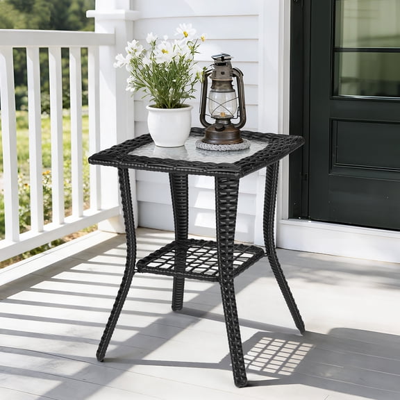 JOYMOR Outdoor Side Table with Storage Wicker, Patio Side Table with Tempered Glass Top End Table for Balcony Porch Deck