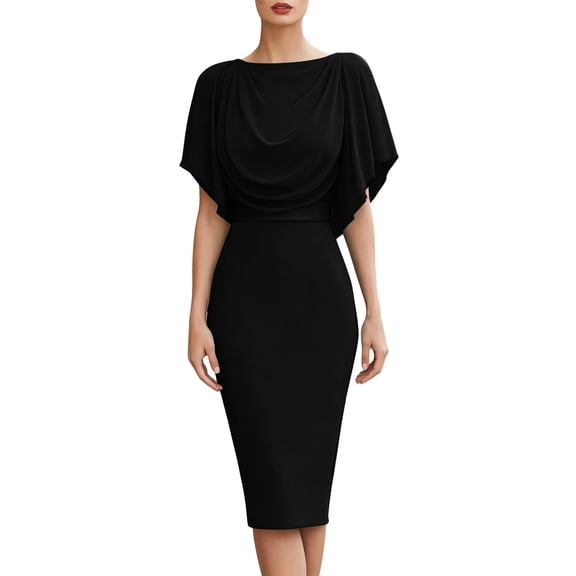 Lopecy-Sta Dresses for Women Short Sleeve Capelet Draped Neck Bodycon Midi Dress Formal Cocktail Party Dress