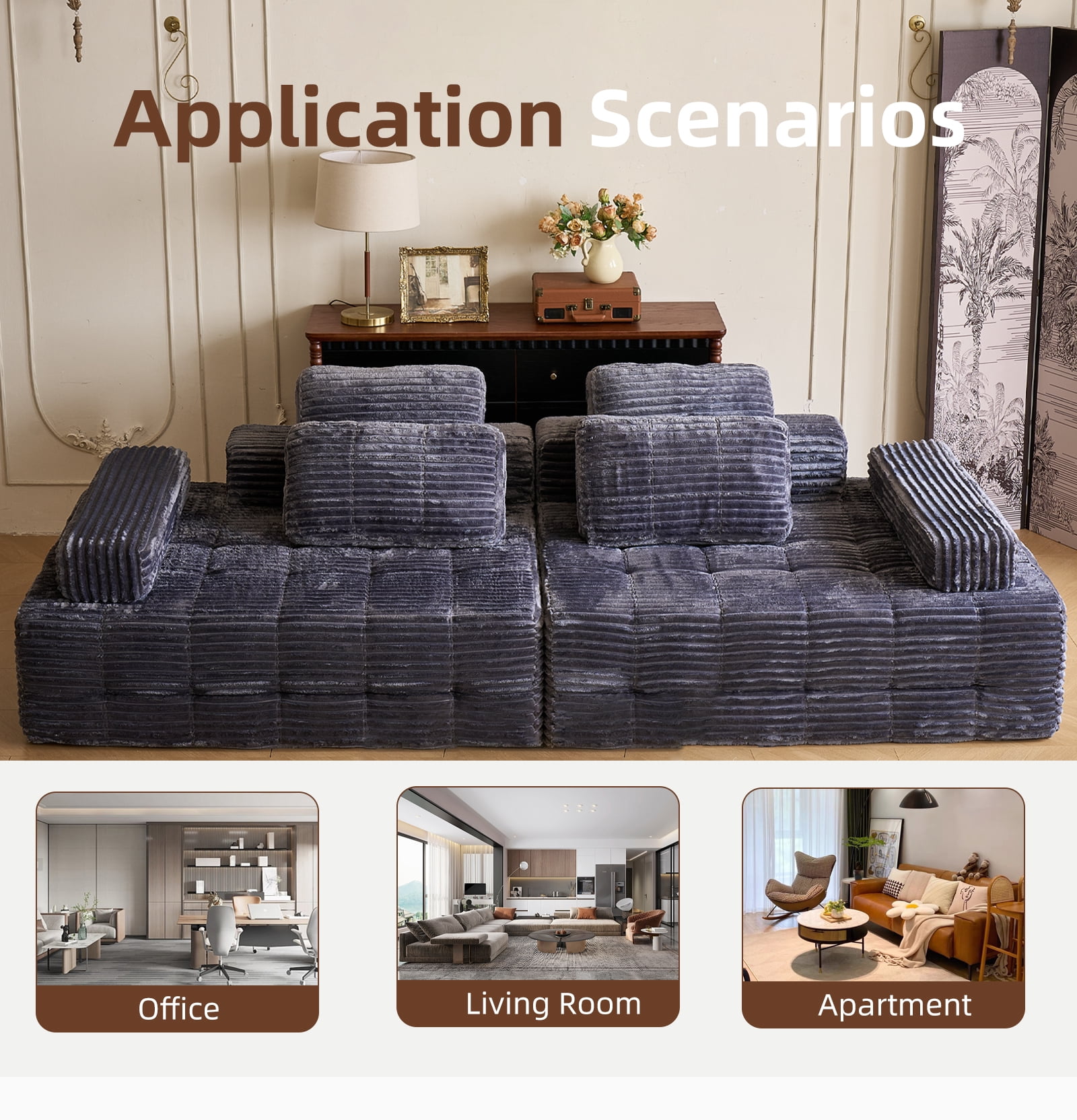 Garaneeds 113" Gray Modular Sectional Sofa for Living Room - Boneless Cloud Couch, No Assembly Required