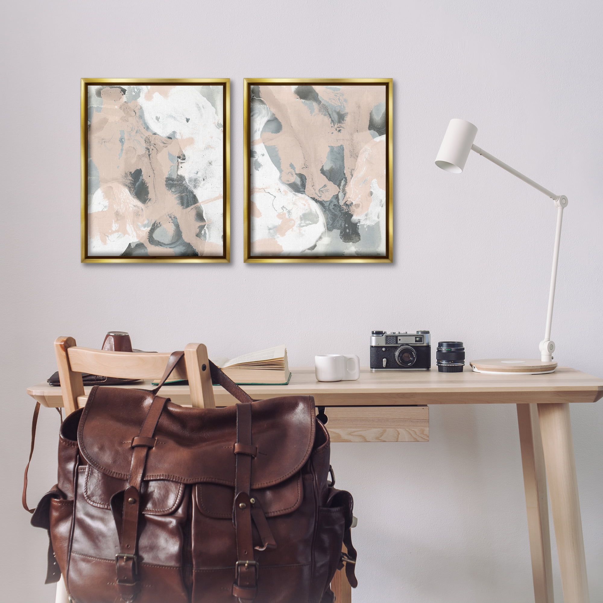 Stupell Industries Beige & Gray Splashes Abstract Painting Gold Floater Framed Canvas Art Print Wall Art, 17 x 21, Set of 2