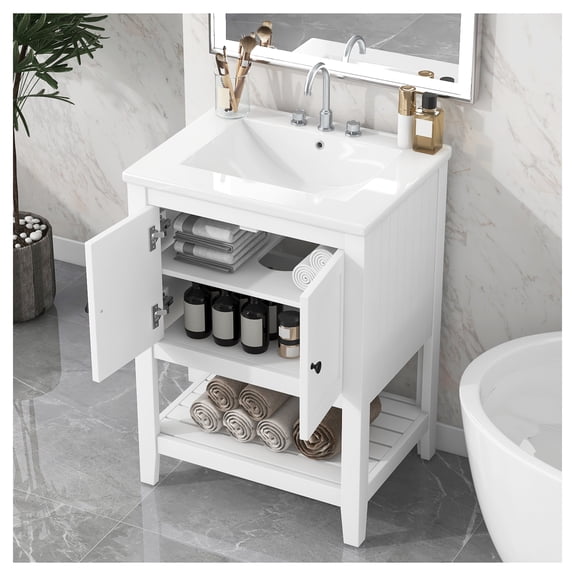 24" White Modern Sleek Bathroom Vanity Ceramic Sink with Solid Wood Frame Open Style Shelf
