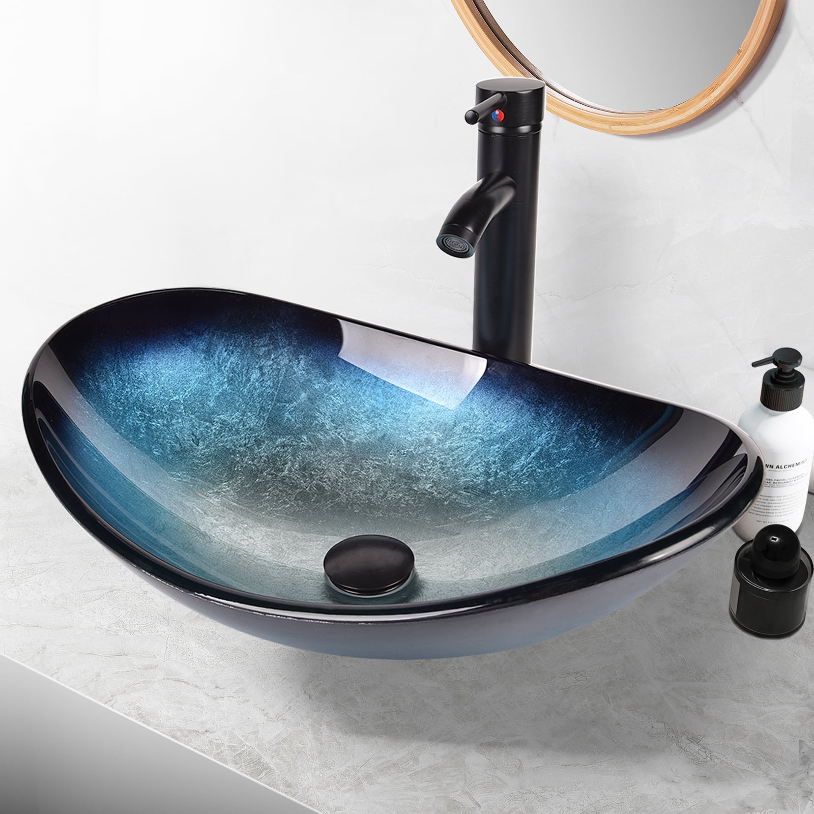 FULLWATT Boat Shape Bathroom Artistic Glass Vessel Sink Free Oil Rubbed Bronze Faucet and Pop-up Drain,Blue