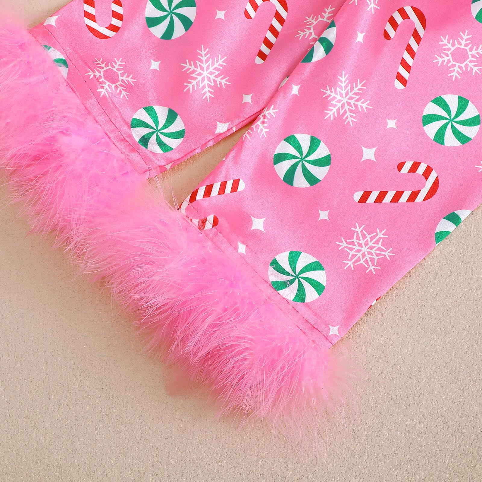newwalpole Toddler Satin Merry Christmas Outfit For Kids Long Sleeve Feather Trim Pant Set Little Girl Fall Winter Clothes Hot Pink for Size 5-6 Years