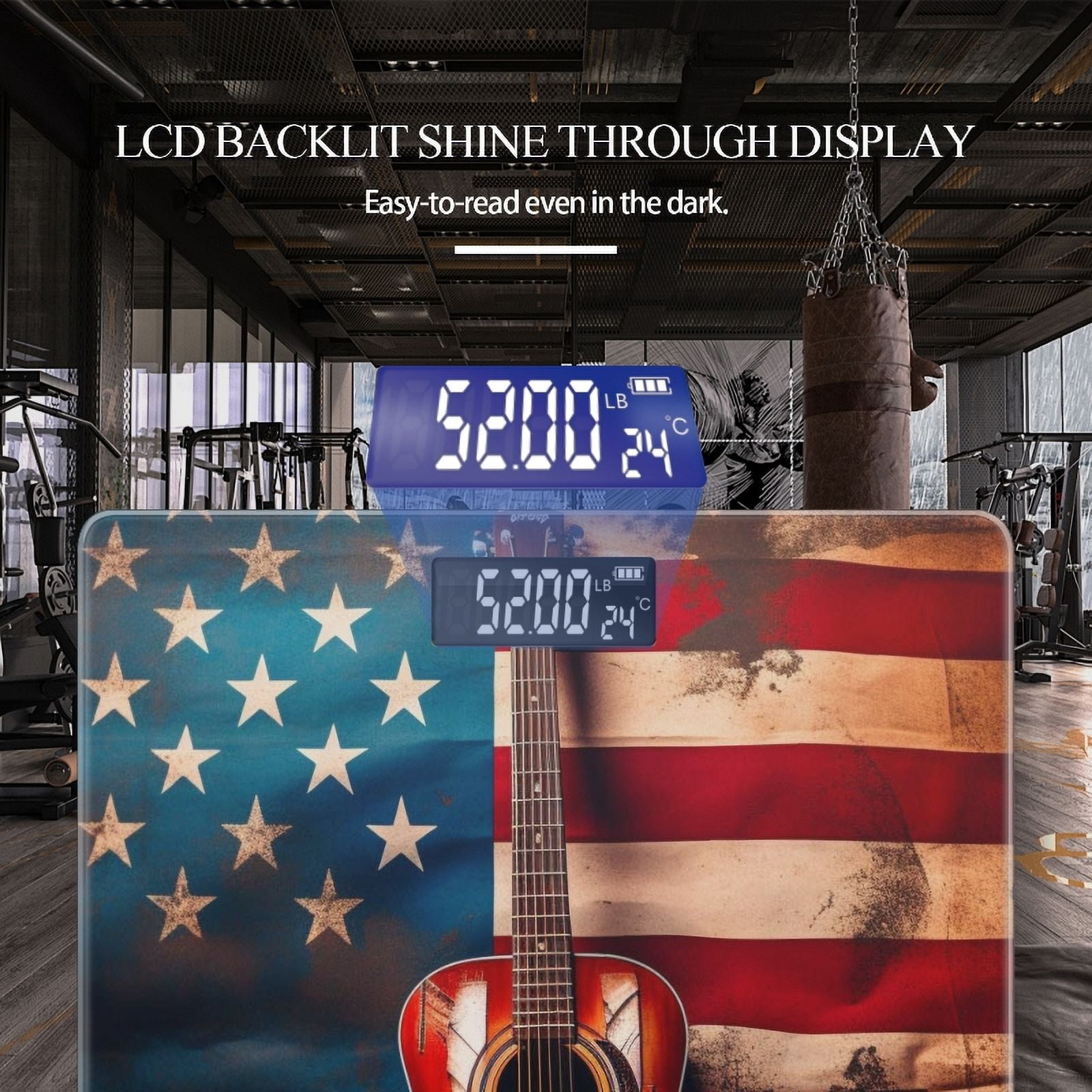 High Precision Body Weight Scale Smart Bathroom Scales with Large LCD Display(400lbs),Decorative for Bedroom-Acoustic Guitar With American Flag Background
