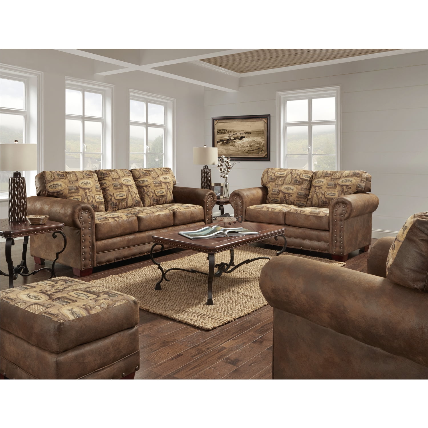 American Furniture Classics, Model 8503-80, River Bend Sofa featuring Fishing Tapestry Motif