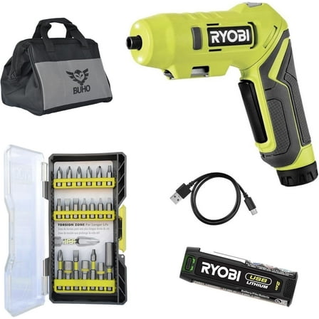 Cordless Screwdriver Bundle with Ryobi Screwdriver, USB Lithium 2.0 Ah 4-Volt Lithium-ion Rechargeable Battery, USB Charging Cable, 30-Piece Driving Bit Set, and 16 Inch Buho Tool Bag