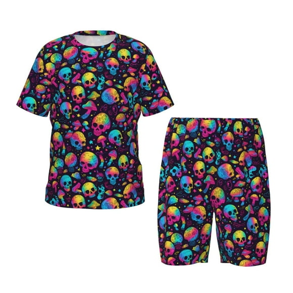 Balery Skull rainbow color mushroom Conjunto de Pijama Infantil de Manga Corta con Estampado – Ropa de Dormir de Algodón Suave-4X-Large
