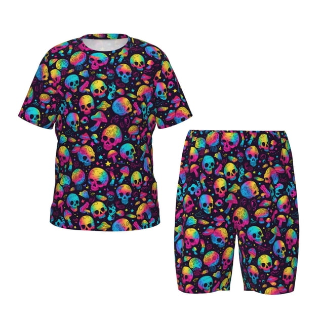 Fotbe Skull rainbow color mushroom Pijama Estampada de 2 Piezas para Niños – Ropa de Dormir de Manga Corta Cómoda para Niños y Niñas, Camiseta y Shorts de Algodón-Small