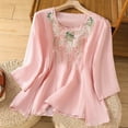 thumbnail image 2 of yunLCZ Basic T Shirts Women's Loose Cotton Elegant Summer Five Part Sleeve Top Temperament 2025 Literary Retro Round Neck Embroidered Shirt Women's Short Sleeve T Shirt Office Shirts Pink M, 2 of 4