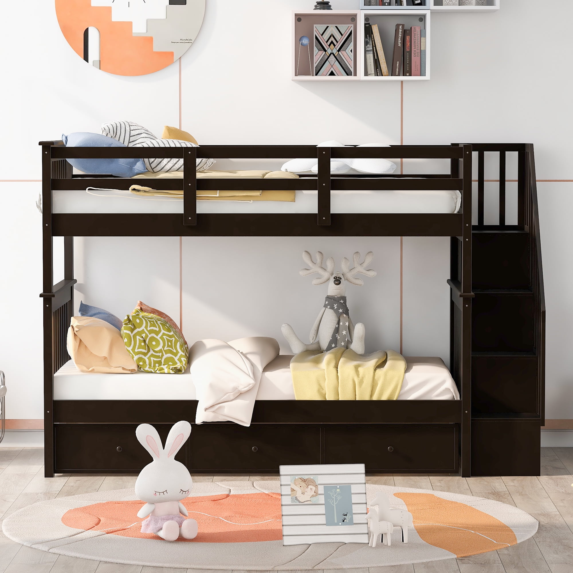 Mintazer Twin Over Twin Bunk Bed with Staircase & 3 Drawers, Kids Bunk Bed with Storage for Bedroom Guest Room, Espresso