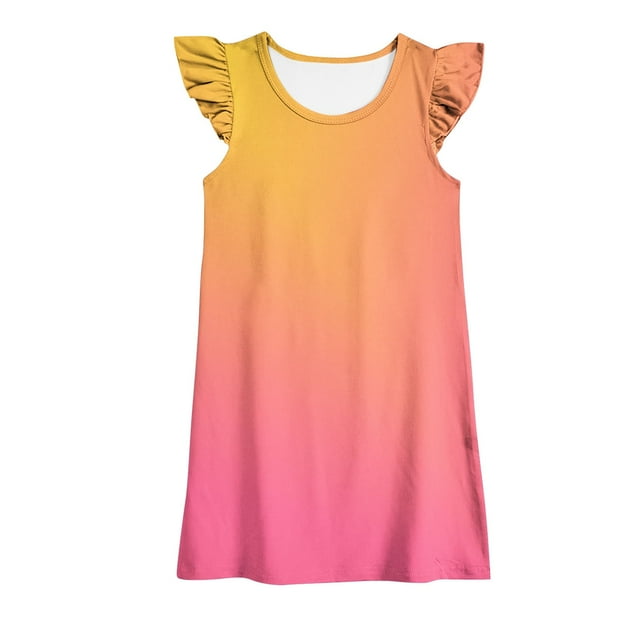 Plebaso Baby Girls Dresses Summer Round Neck Flying Sleeve Gradient Color Sundress Kids Fashion Clothes