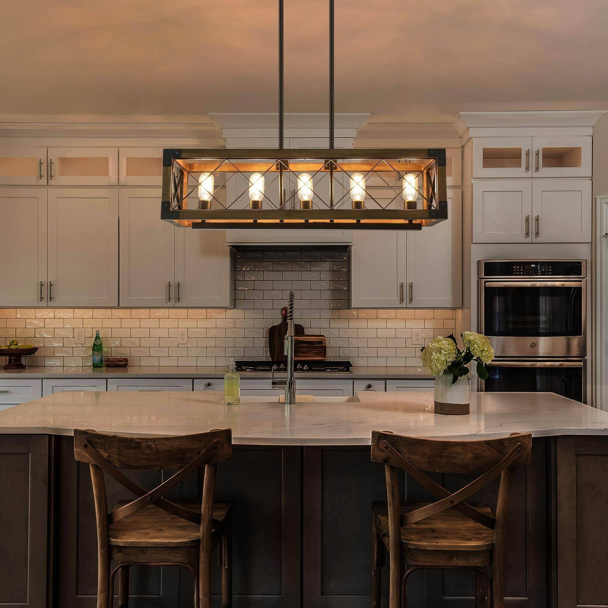 LNC 5-Light Wood and Black Metal Farmhouse Rectangular Kitchen Island Chandelier