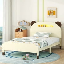 Twin Size Wood Platform Bed with Bear-shaped Headboard，Cosymart Bed with Motion Activated Night Lights，Cream Walnut