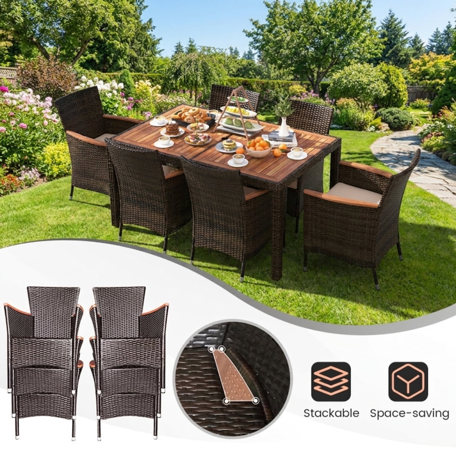Biotree 7 Piece Patio Rattan Dining Set with Acacia Wood Table and Cushioned Chairs for Outdoor Backyard Garden and Porch Gatherings, Brown