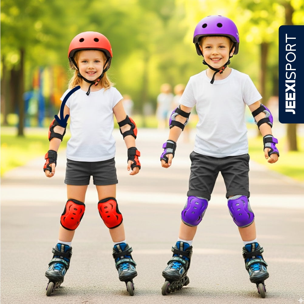JEEXI 7 Pack Kids Protective Gear with Helmet, Knee & Elbow Pads, Wrist Guards for Skateboard, Roller Skates, Bike, Scooter (Purple)