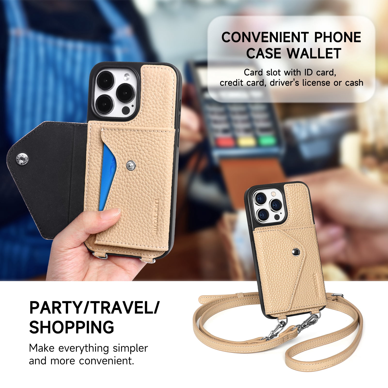 Handmade Genuine Leather Crossbody Wallet Phone Case for Apple iPhone 15 Pro 6.1-Inch,with Strap and Flip Wallet Card Holder,Shockproof Durable Scratch Protective