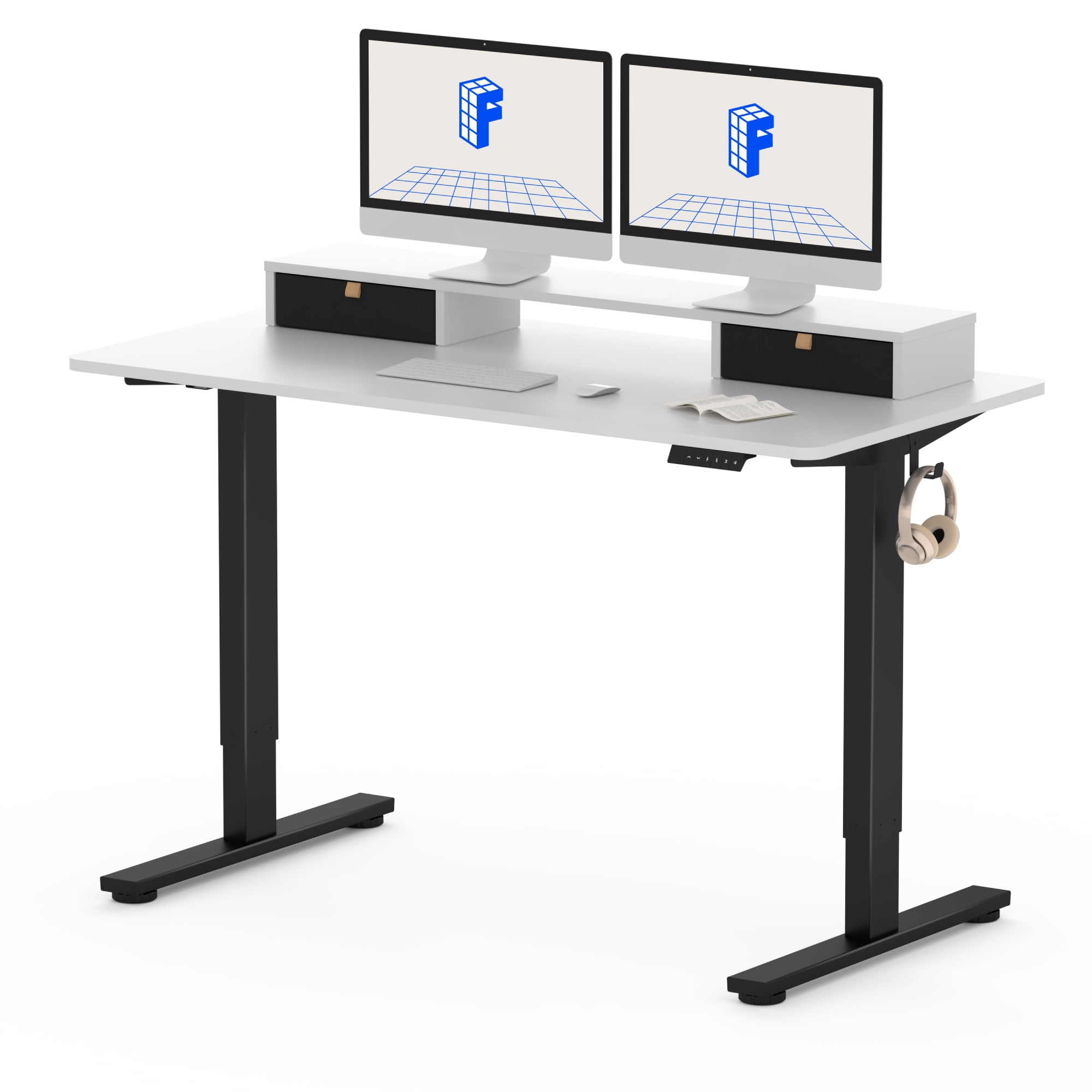 FlexiSpot 55"x24" Height Adjustable Standing Desk with 2 Drawers, Ergonomic Monitor Stand Computer Desk Black Frame and White Top