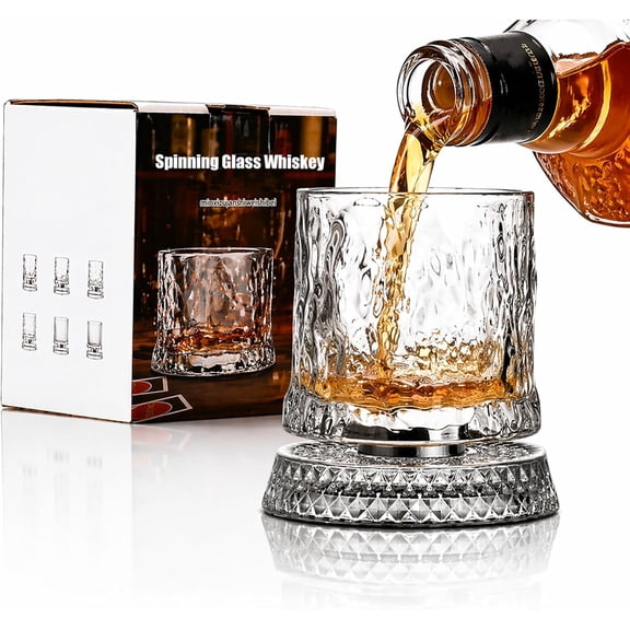Spinning Whiskey Glasses, 360° Rotating Crystal Whiskey Tumblers | 360° Rotating Whiskey Glasses with Crystal Tumblers, Heavy Base Design for Bourbon, Scotch, Cocktails and Whiskey Lover Gifts