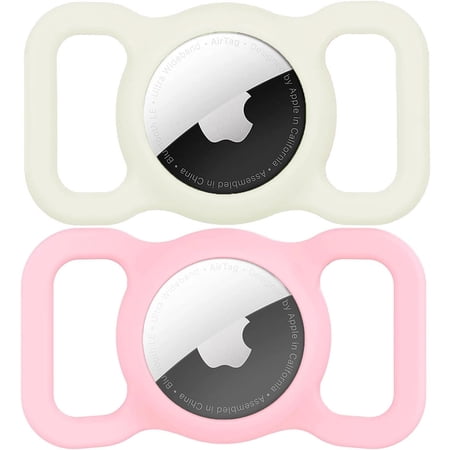 AirTag Dog Collar Holder (2 Pack) for Apple Airtags Anti-Lost Noctilucent Air Tag Holder Case Cover Compatible with Cat Collar/Dog Collar (Lumious/White&Pink)