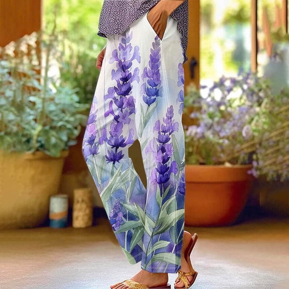 Njagoc3 Spring/Fall Essential: Womens Printed Elastic Waist Pants - Straight Leg Design 9/10 & Full Length Soft Fabric All-Day Comfort