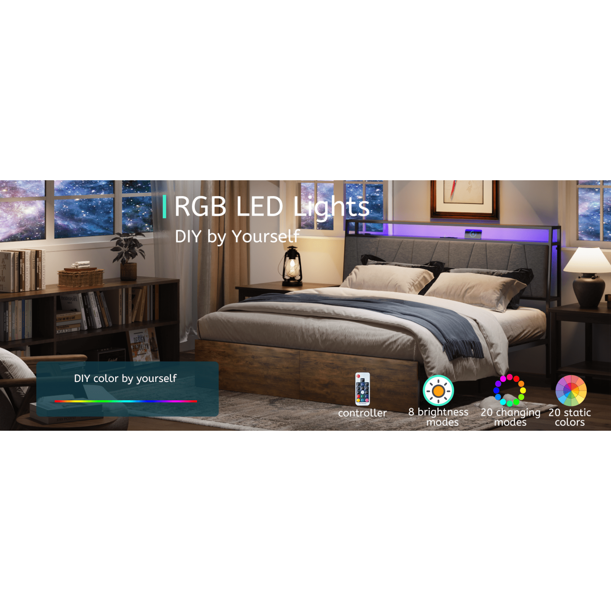 Full Bed Frame with Storage Headboard,Full Size Platform Bed Frame with Ergonomic Headboard,2 Storage Drawers, Built in Charging Station & LED, Outlets & USB,