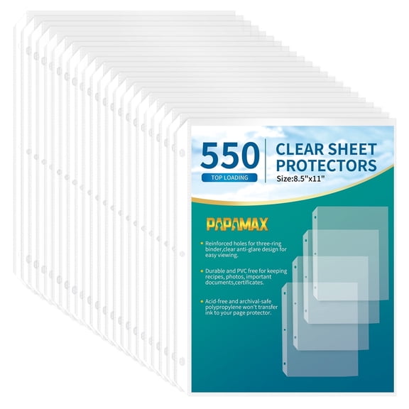 Sheet Protectors, 550 Pack Clear Heavy Duty Plastic Page Protectors Sheet Reinforced 3-Hole Fit for 3 Ring Binder Fits Standard 8.5 x 11 Paper