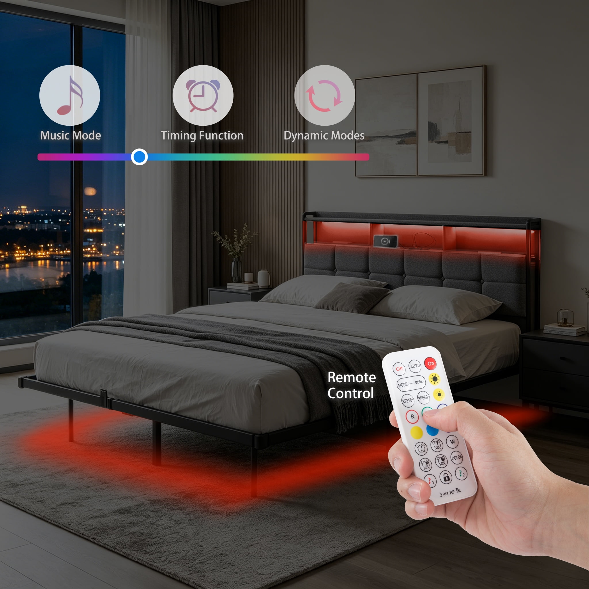 Gewnee Queen Size Bed Frame with RGB LED Lights & Charging Station,Platform Metal Bed Frame with Storage Headboard for Bedroom,No Box Spring Needed.
