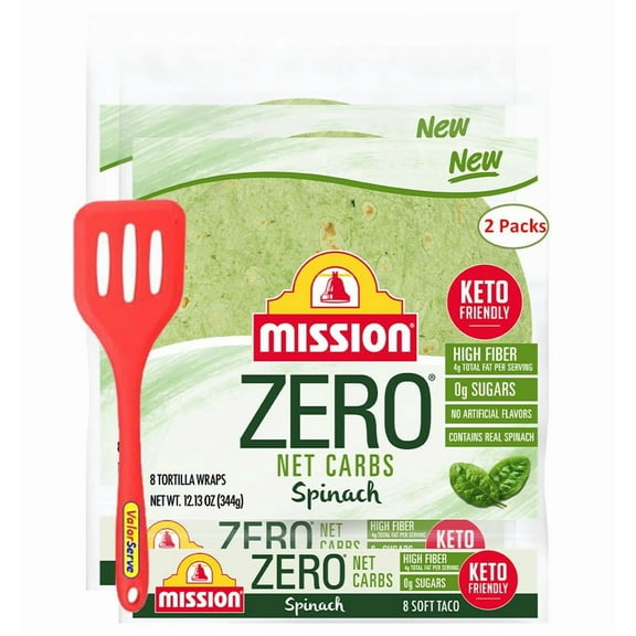 Mission Zero Net Carbs Spinach Soft Taco Tortilla 2 Pack, 8 Count, 8" Size (16 Tortillas) with ValorServe™ Mini Kitchen Utensil - Keto Friendly Low Carb Tortillas
