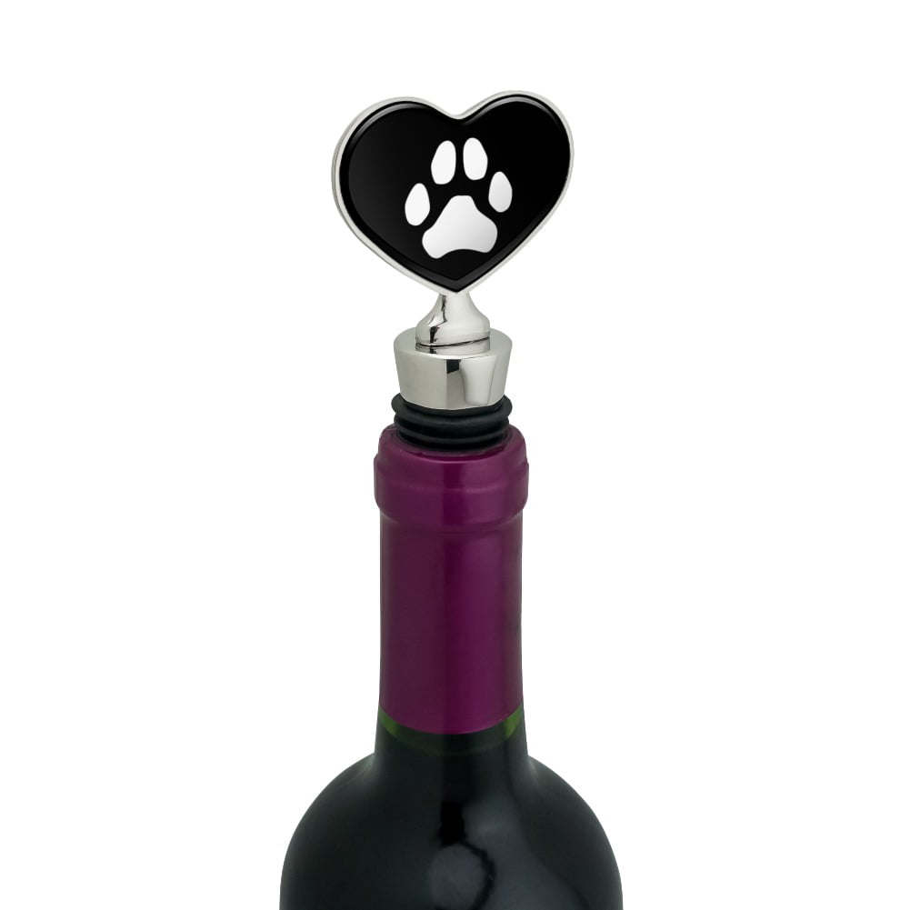 Paw Print Dog Cat White on Black Heart Love Wine Bottle Stopper