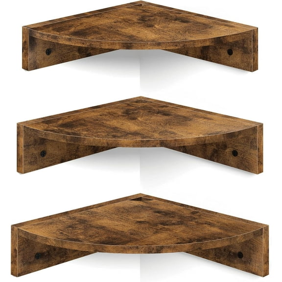 CZQ Corner Shelf Wall Mount, Set of 3 Floating Corner Shelves with Cord Hole, 3 Tier Wood Wall Display Shelf, Storage for Bathroom Living Room Kitchen Bedroom, Rustic Brown and Black