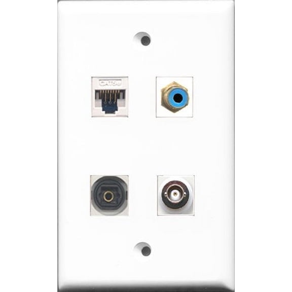 RiteAV 1 Port RCA Blue and 1 Port Toslink and 1 Port BNC and 1 Port Cat5e Ethernet White Wall Plate