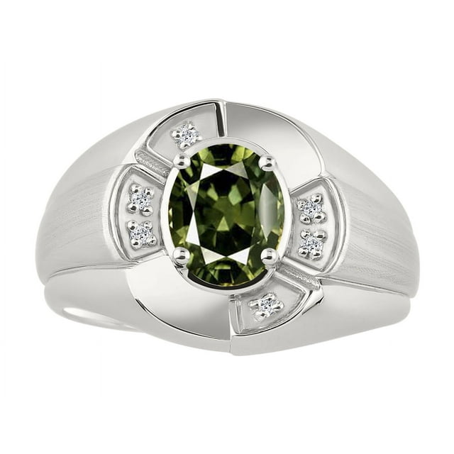 RYLOS Sterling Silver Ring 8X6MM Oval Gemstone & Diamond Unisex Rings Green Sapphire September Birthstone Ring Size 8