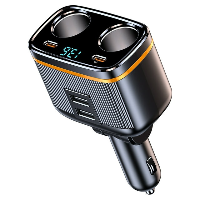 12-24V Car Charger Splitter with Dual Lighter Ports, PD45W Fast Charging, LED Voltage Monitor, Multiple Safety Protections, ABS+PC Material, Compact Design for Sedans/SUVs/Trucks - Black