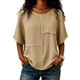 thumbnail image 4 of HOSIA Womens Vertical Textured Patchwork Top Round Neck Half Sleeve Casual Loose Fit Summer Blouse Lightweight Comfy Flowy Plain Gauze Tunic Shirts Plus Size Beach Vacation Outfits Khaki 3Xl, 4 of 6