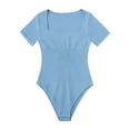thumbnail image 3 of Women's Square Neck Sexy Ribbed Square Neck Short Sleeve Bodysuits Yoga Clothes, 3 of 5