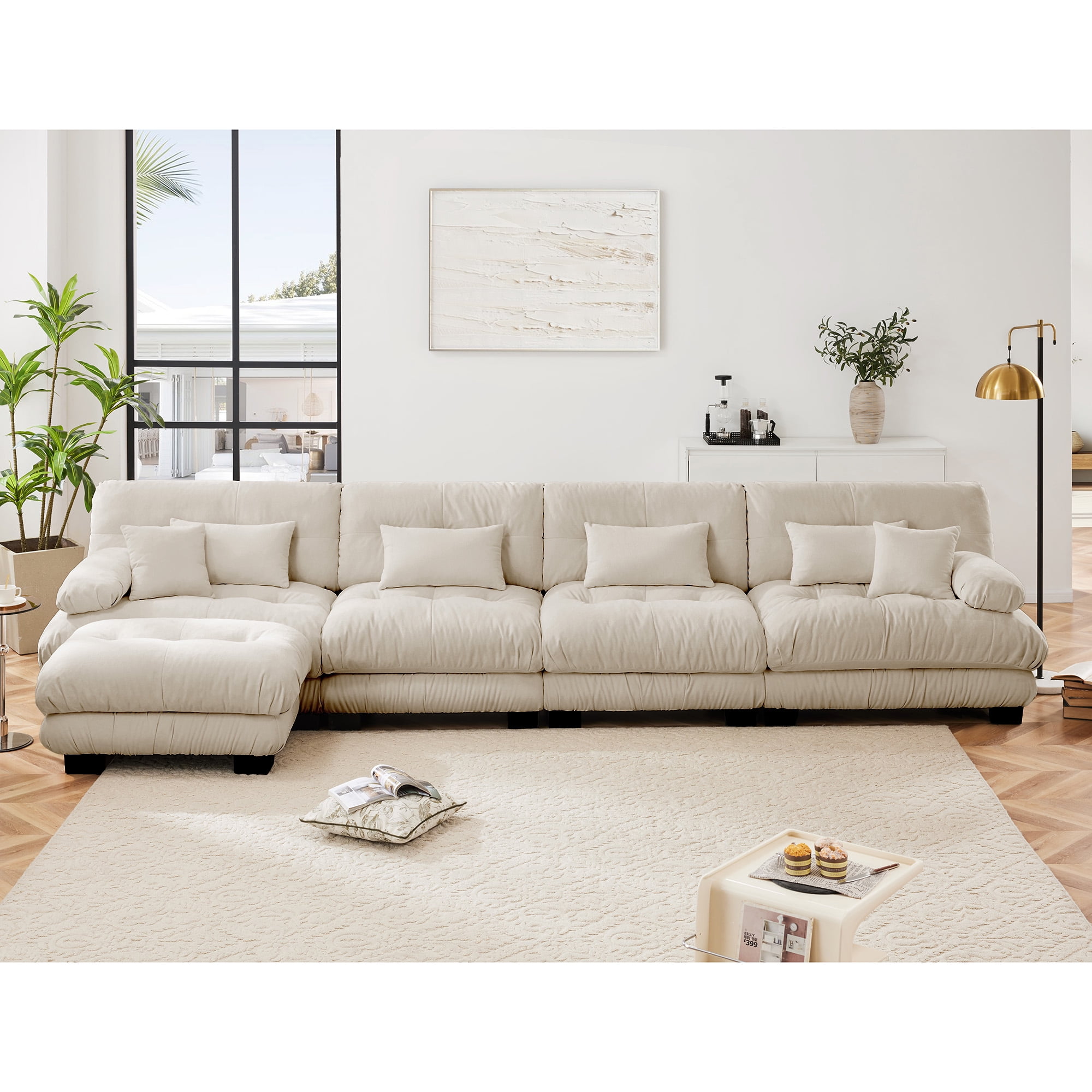Gewnee White Chenille Cloud Couch 2 Seater Sofa for Living Room, Chenille 2 - Seat sofa with 2 Lumbar pillows and 2 throw pillows,