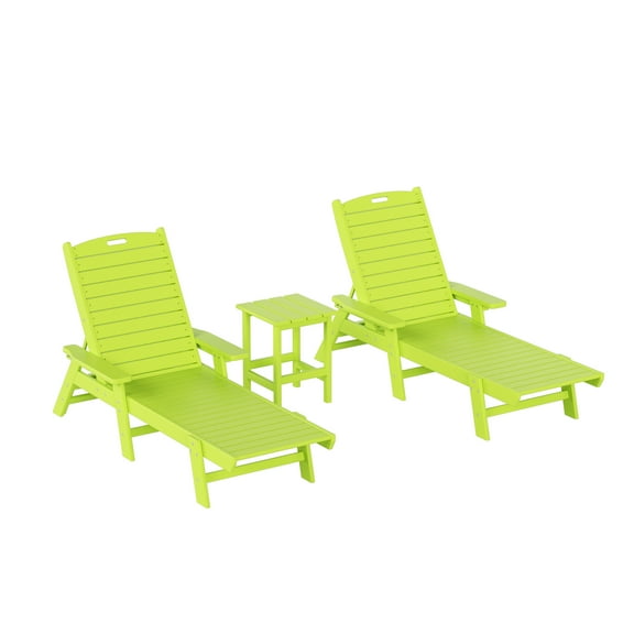 WestinTrends Malibu Double Chaise Lounge with Side Table, All Weather Poly Lumber Outdoor Chaise Lounge Chairs with 5 Posistions Backrest, Lime Green