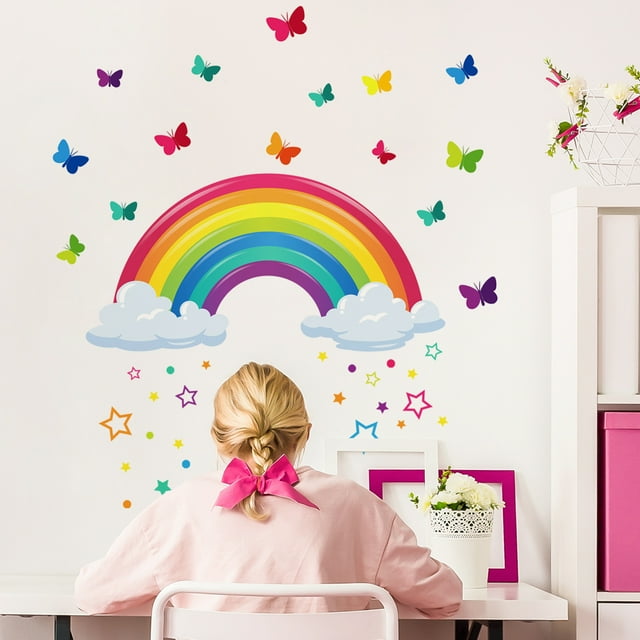 Pegatina de pared de arcoíris, mariposa colorida, conejo, elefante, Animal, nube de arcoíris, pegatina DIY para dormitorio de niños, habitación de bebé, invitados